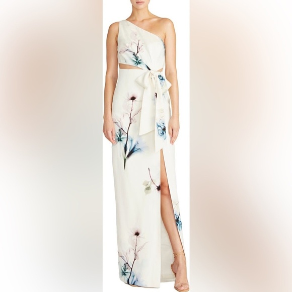 ML Monique Lhuillier one shoulder cutout white watercolor floral gown NEW - Picture 1 of 11